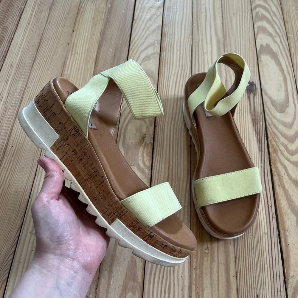 Steve Madden‎ Elba Lime Yellow Elastic Platform Cork Wedge Sandals 7.5M ELBA01S1
